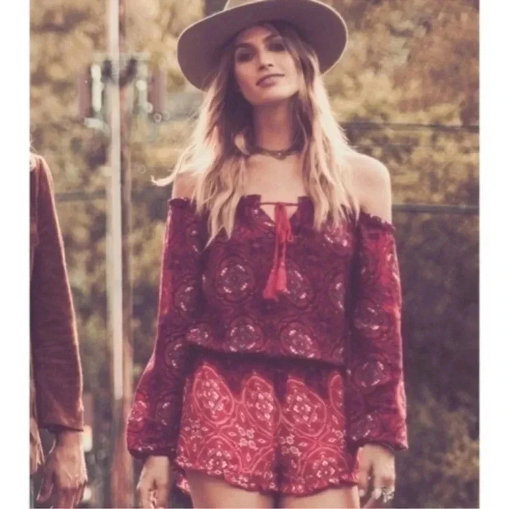 O'Neill Nashville Red Print Off-the-Shoulder Romper Womens Stretchy Boho Size S